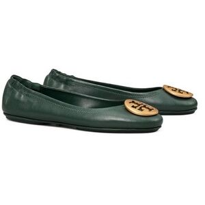 Tory Burch Minnie Leather Travel Ballet Flat Green NWT Size 5